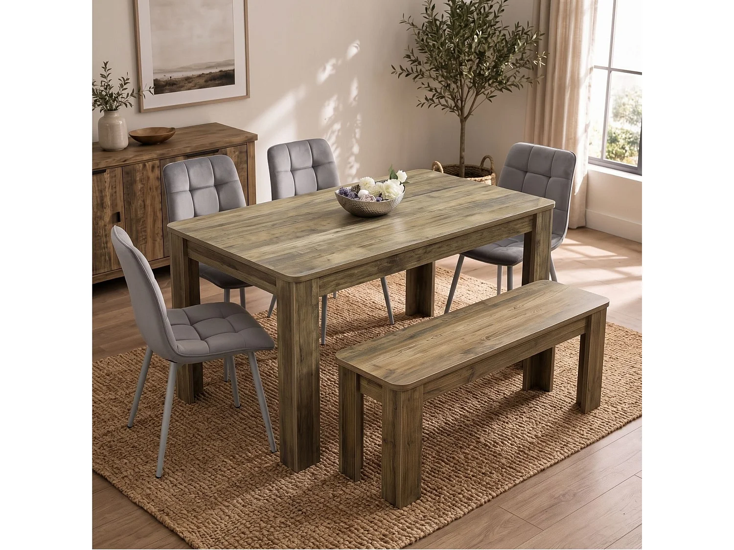 Modern Rustic Dining Table Set with 4 Grey Nova Velvet Chairs and Rustic Bench 6 Seater for Kitchen