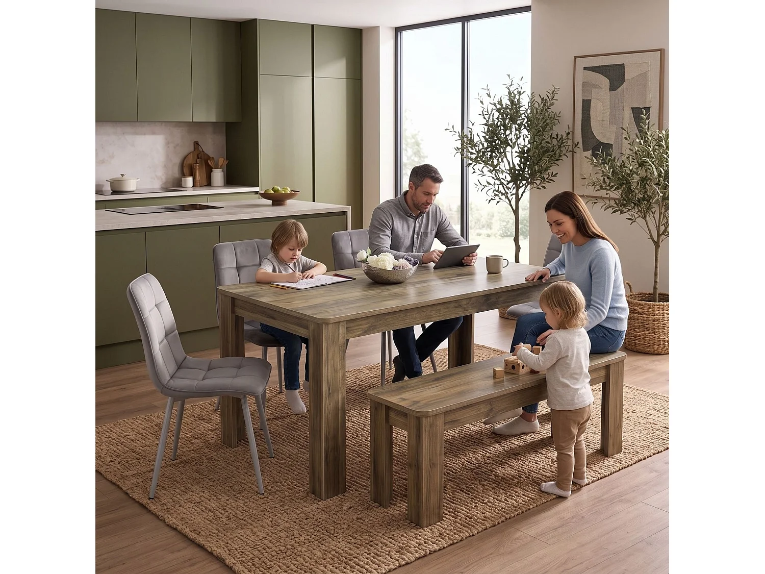 Modern Rustic Dining Table Set with 4 Grey Nova Velvet Chairs and Rustic Bench 6 Seater for Kitchen