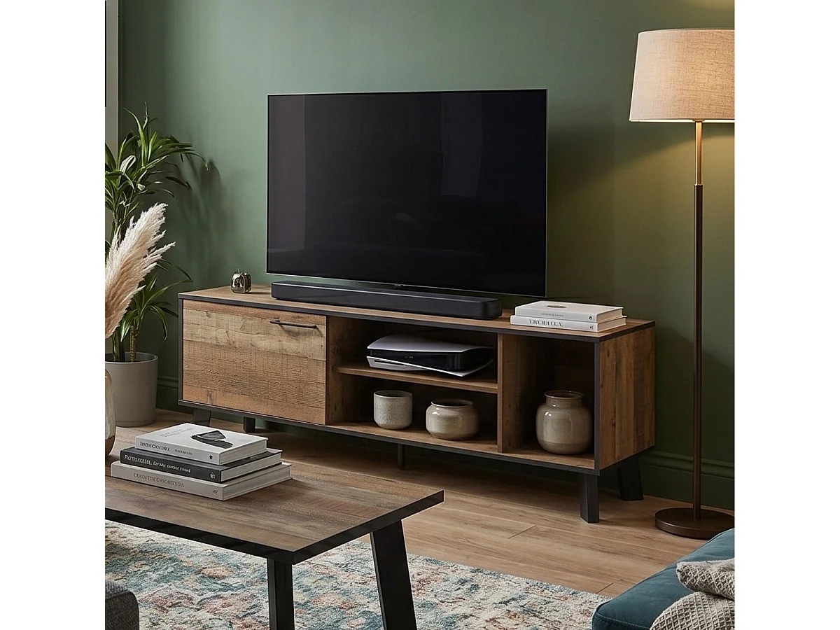 Ensemble table basse et meuble TV aspect bois rustique et métal noir - CHIARA
