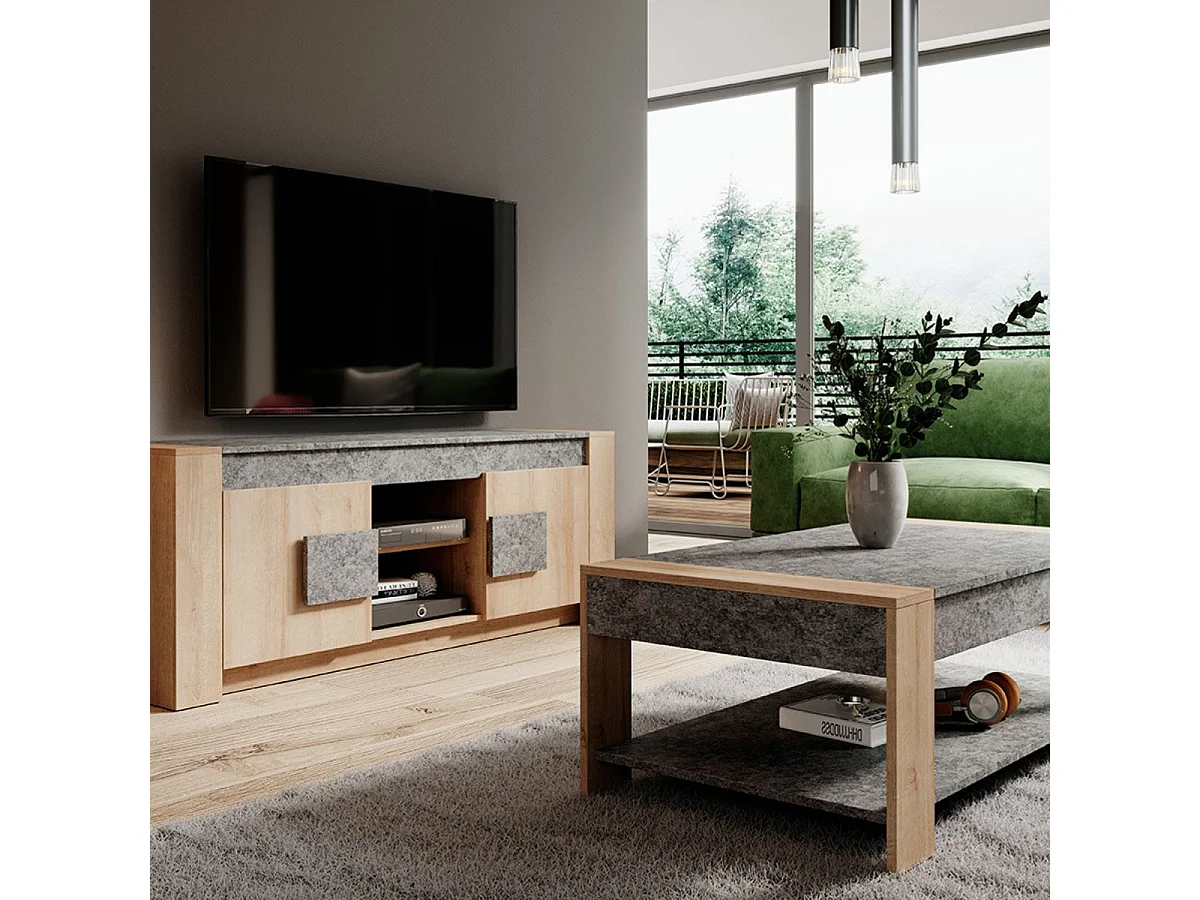 Ensemble table basse et meuble TV aspect chêne clair et granit gris - AZYA