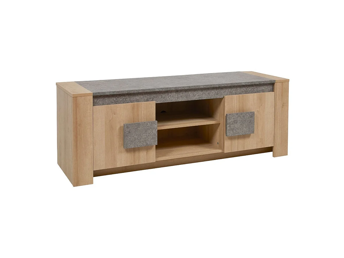 Ensemble table basse et meuble TV aspect chêne clair et granit gris - AZYA