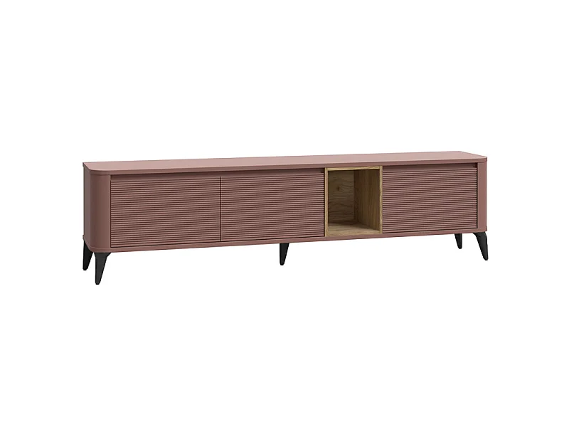 Meuble TV L. 215 cm décor chêne et terracotta avec pieds métal - FLORE
