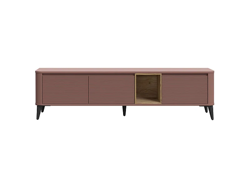 Meuble TV L. 215 cm décor chêne et terracotta avec pieds métal - FLORE