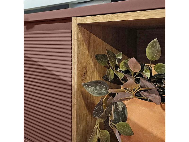 Meuble TV L. 215 cm décor chêne et terracotta avec pieds métal - FLORE