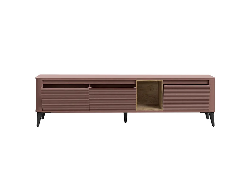 Meuble TV L. 215 cm décor chêne et terracotta avec pieds métal - FLORE