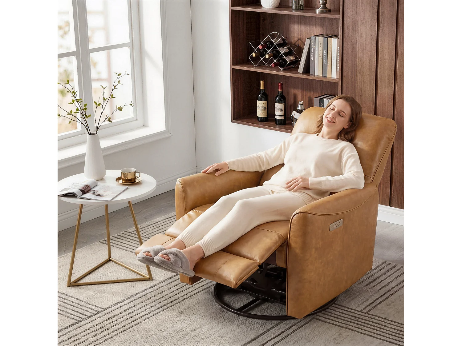Fauteuil relax électrique pivotant 270° – USB/Type-C, en tissu,dossier 135°, charge 159 kg-Marron