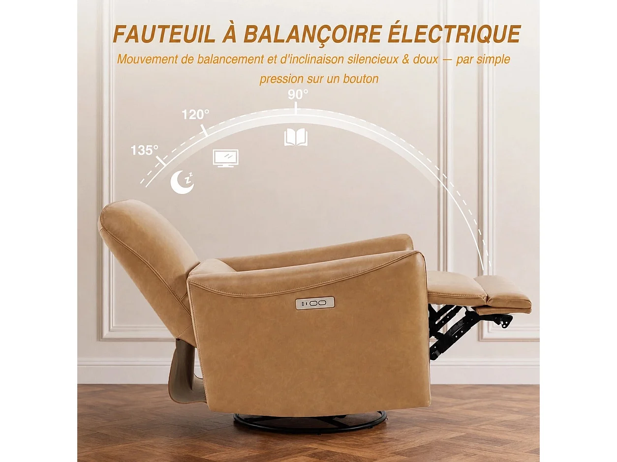 Fauteuil relax électrique pivotant 270° – USB/Type-C, en tissu,dossier 135°, charge 159 kg-Marron