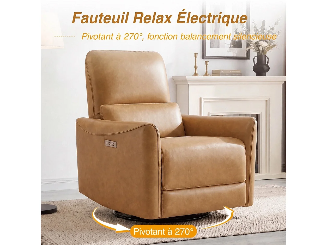 Fauteuil relax électrique pivotant 270° – USB/Type-C, en tissu,dossier 135°, charge 159 kg-Marron