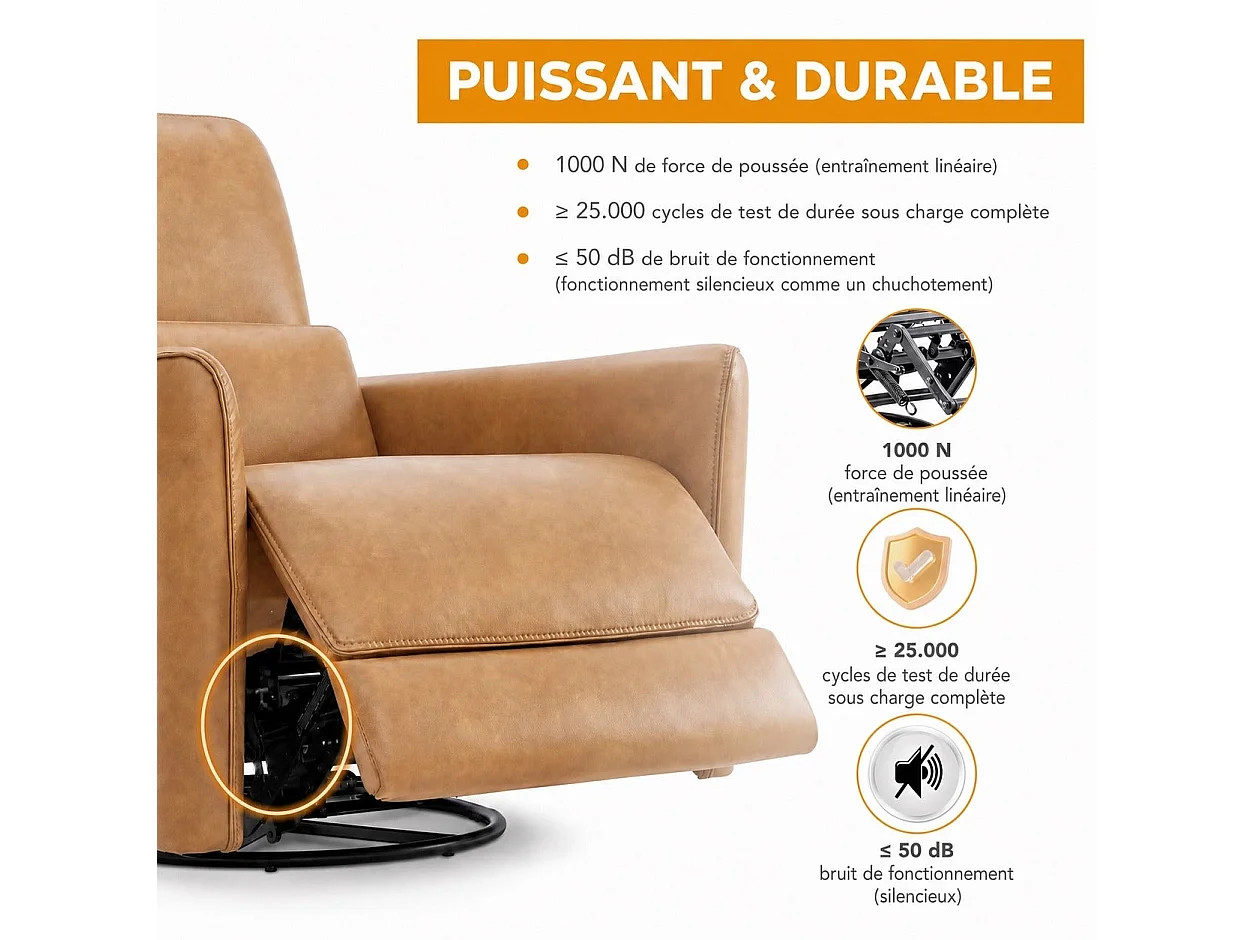Fauteuil relax électrique pivotant 270° – USB/Type-C, en tissu,dossier 135°, charge 159 kg-Marron