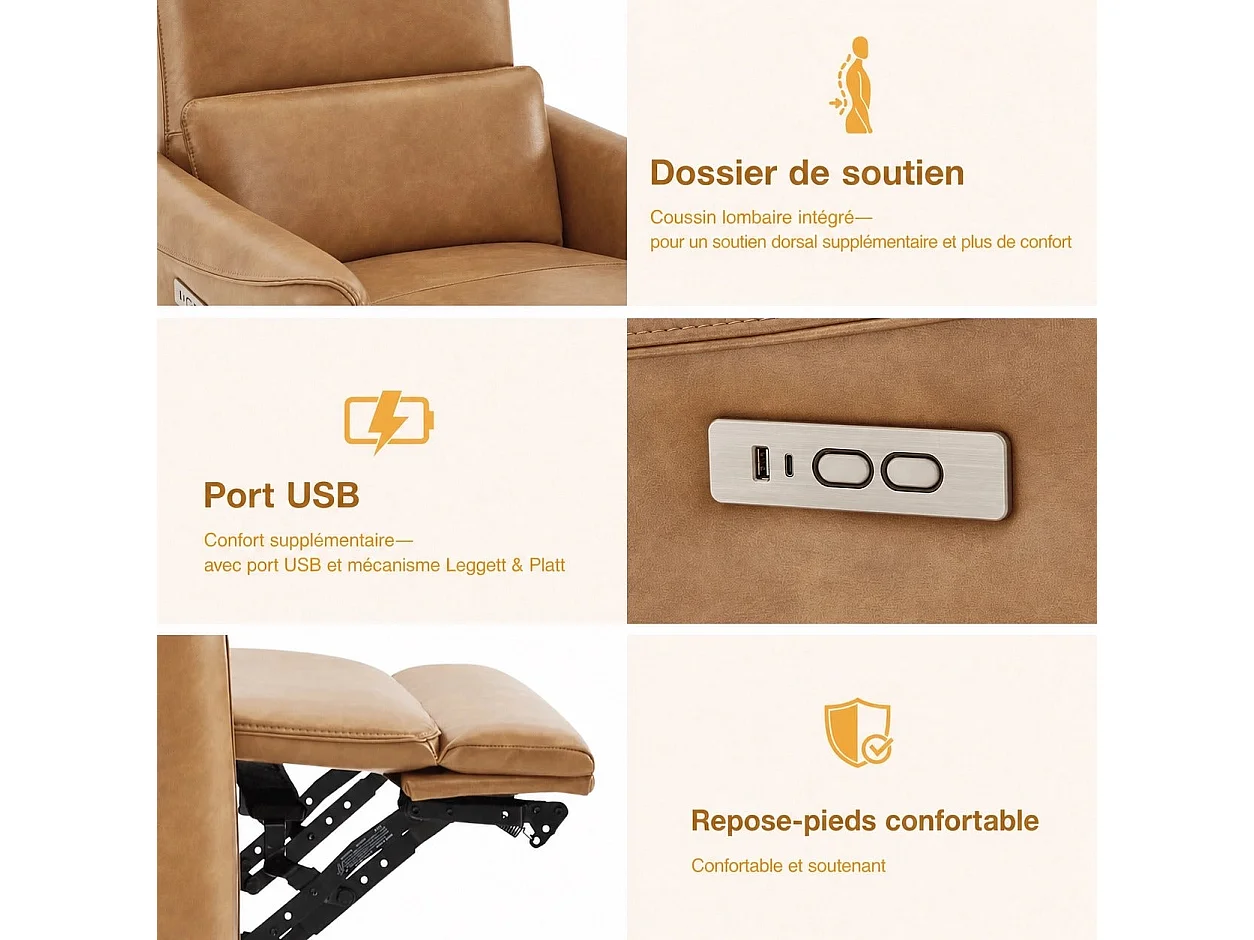 Fauteuil relax électrique pivotant 270° – USB/Type-C, en tissu,dossier 135°, charge 159 kg-Marron