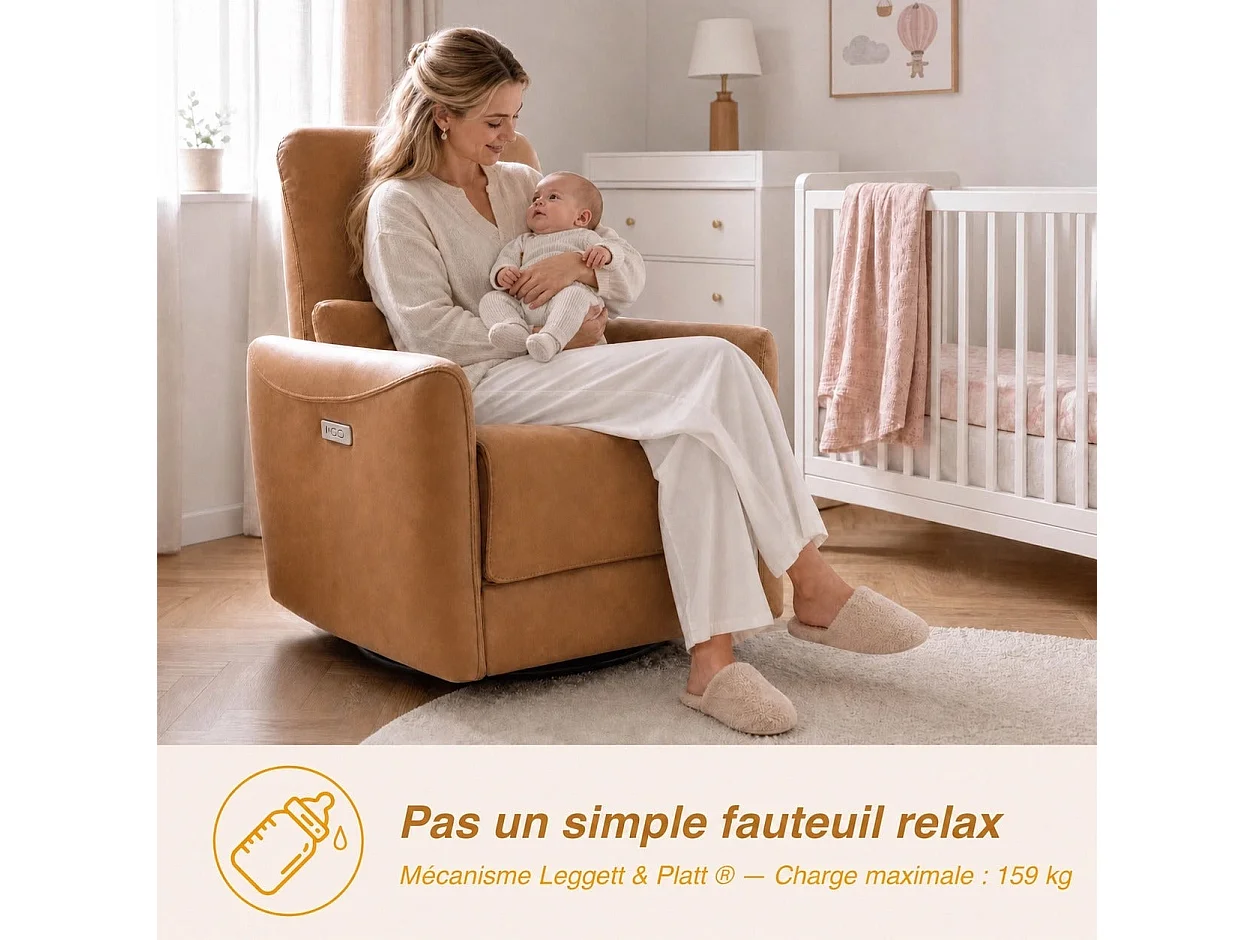 Fauteuil relax électrique pivotant 270° – USB/Type-C, en tissu,dossier 135°, charge 159 kg-Marron