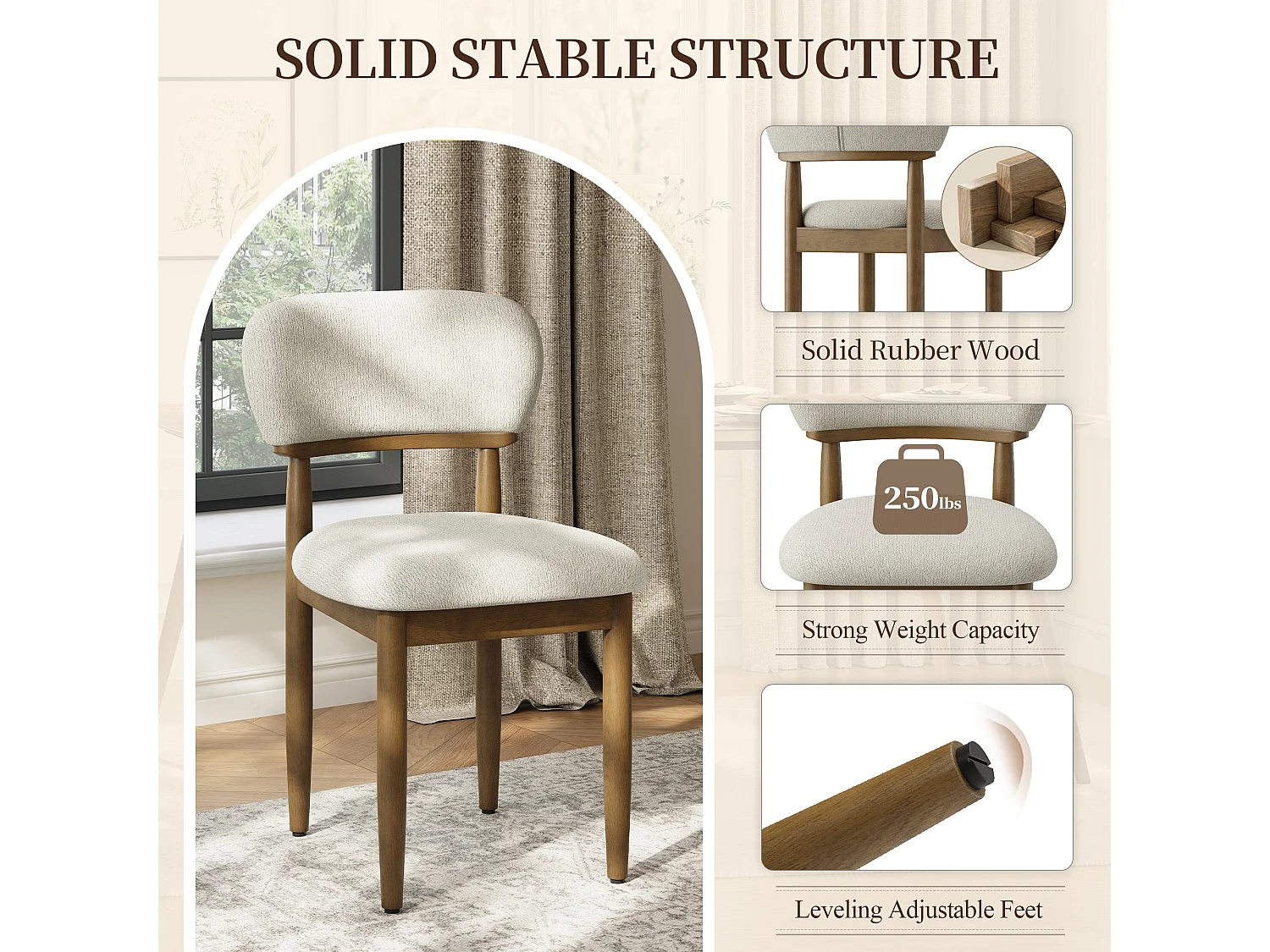 Set van 4 Gestoffeerde Eetkamerstoelen, Ademend Getextureerd Textiel, Massief Houten Frame, Beige