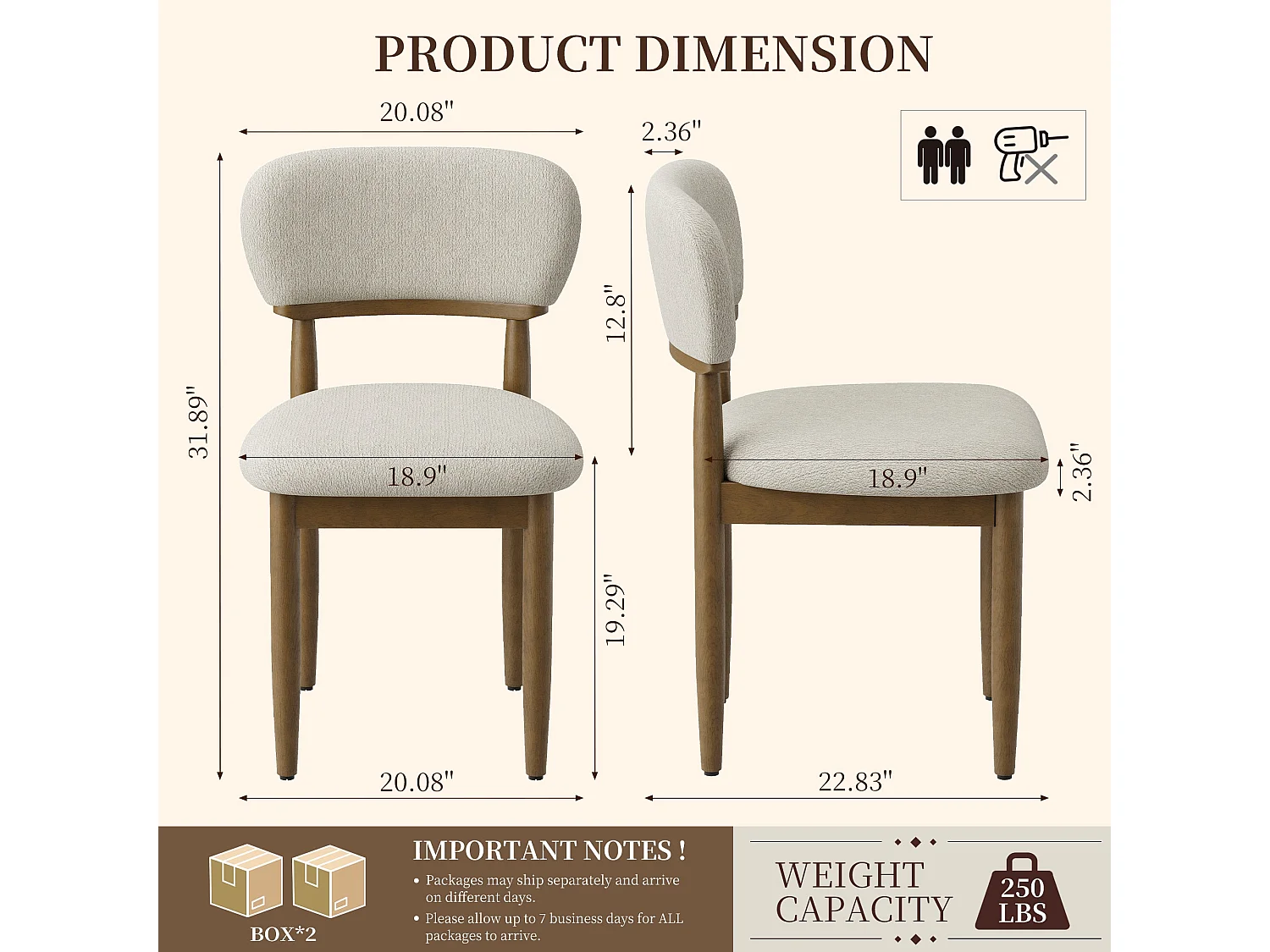 Set van 4 Gestoffeerde Eetkamerstoelen, Ademend Getextureerd Textiel, Massief Houten Frame, Beige