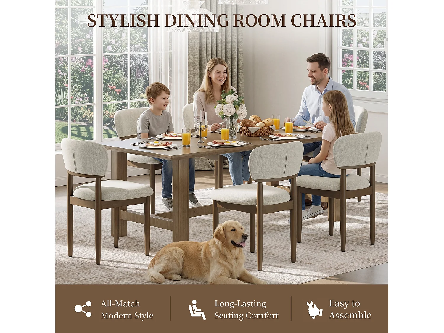 Set van 4 Gestoffeerde Eetkamerstoelen, Ademend Getextureerd Textiel, Massief Houten Frame, Beige