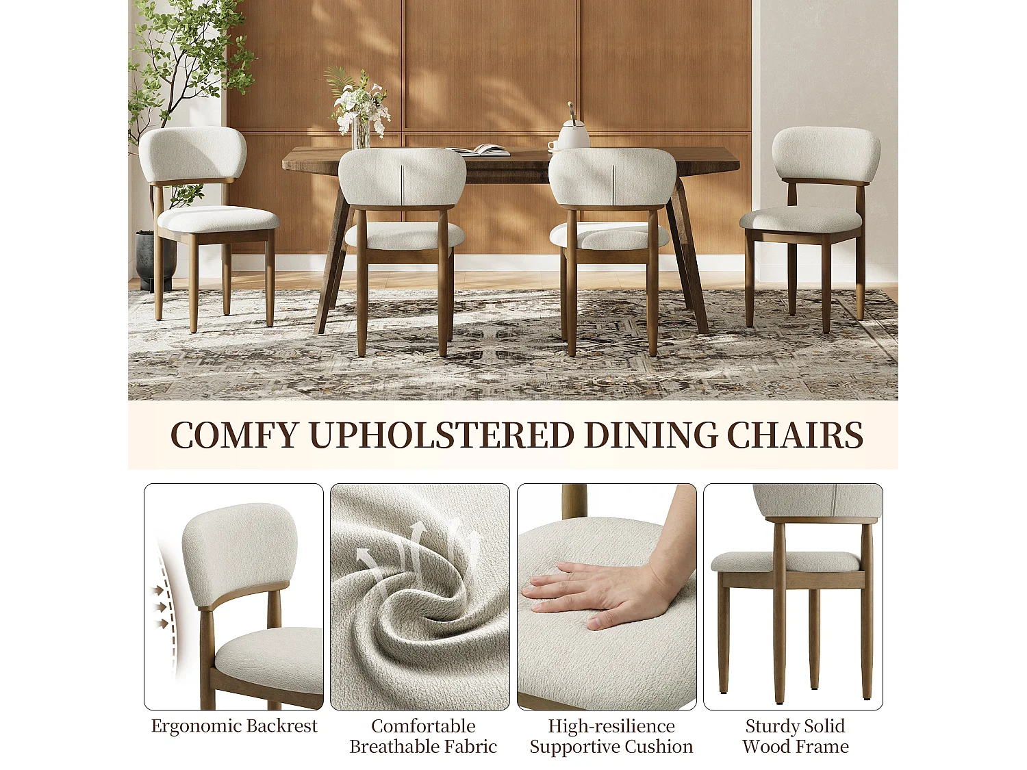 Set van 4 Gestoffeerde Eetkamerstoelen, Ademend Getextureerd Textiel, Massief Houten Frame, Beige