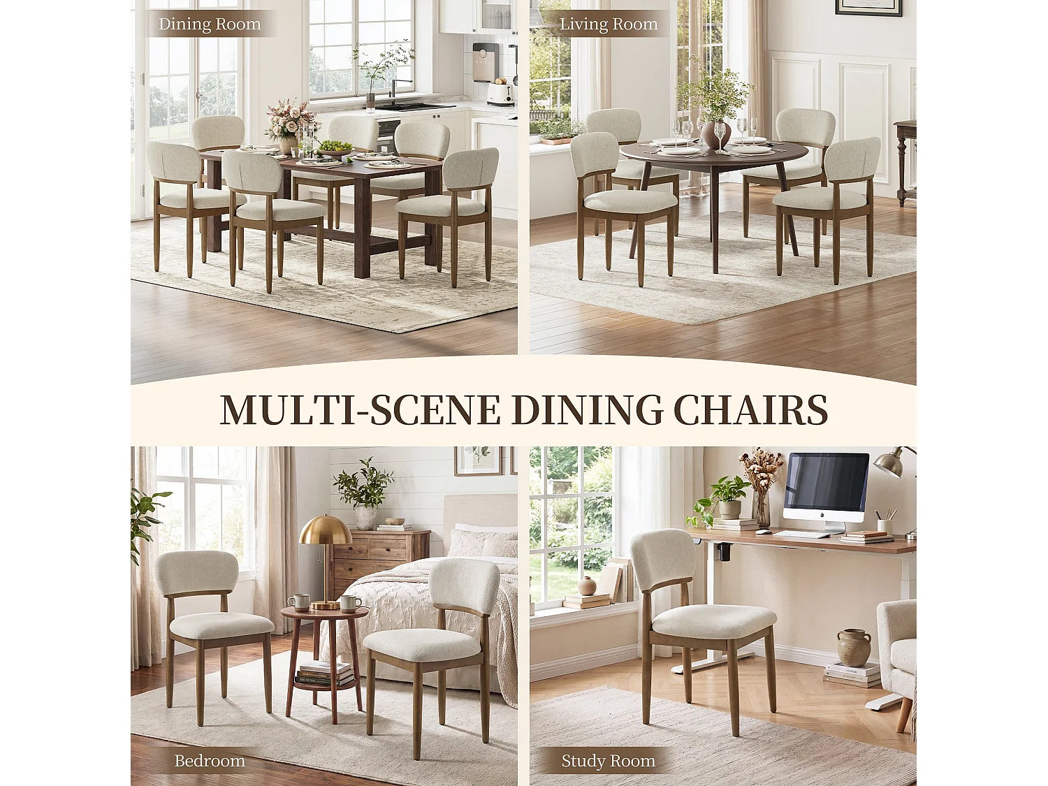 Set van 4 Gestoffeerde Eetkamerstoelen, Ademend Getextureerd Textiel, Massief Houten Frame, Beige