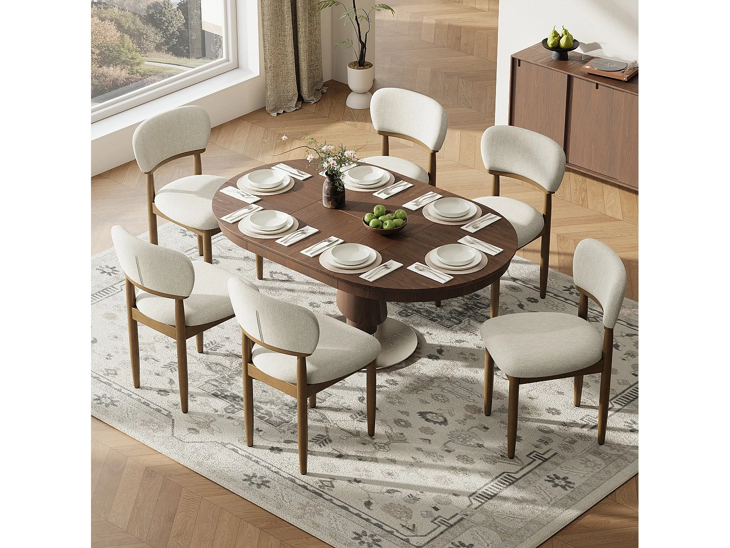 Set van 4 Gestoffeerde Eetkamerstoelen, Ademend Getextureerd Textiel, Massief Houten Frame, Beige