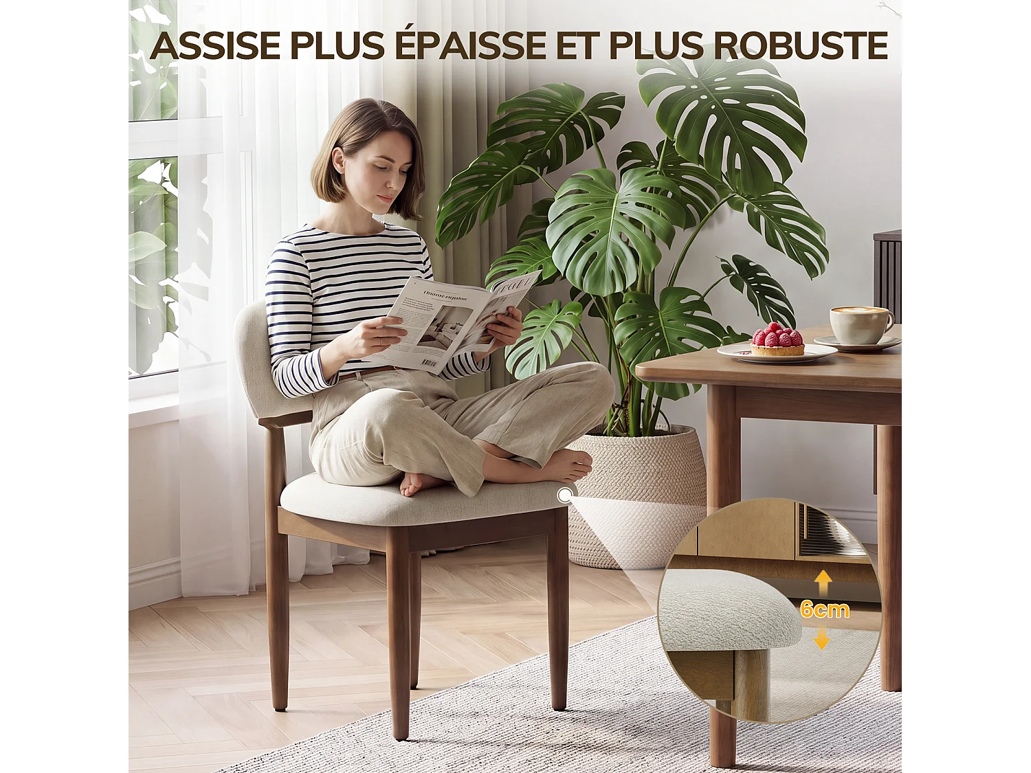 Lot de 4 Chaises de Salle à Manger Rembourrées, Tissu Texturé Respirant, Structure en Bois Massif, beige