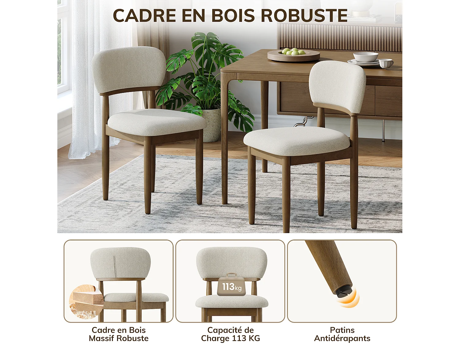 Lot de 4 Chaises de Salle à Manger Rembourrées, Tissu Texturé Respirant, Structure en Bois Massif, beige