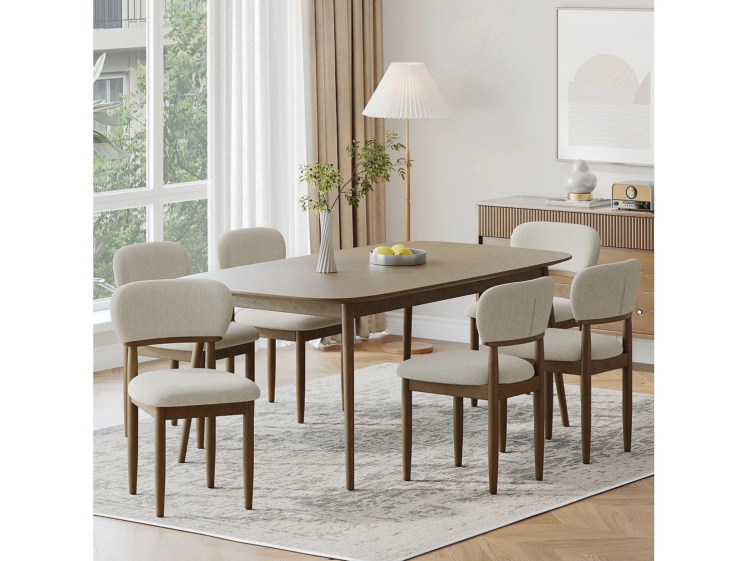 Lot de 4 Chaises de Salle à Manger Rembourrées, Tissu Texturé Respirant, Structure en Bois Massif, beige