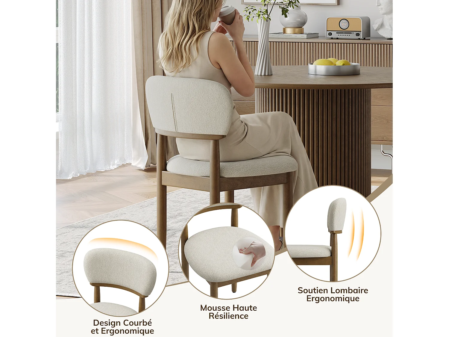 Lot de 4 Chaises de Salle à Manger Rembourrées, Tissu Texturé Respirant, Structure en Bois Massif, beige
