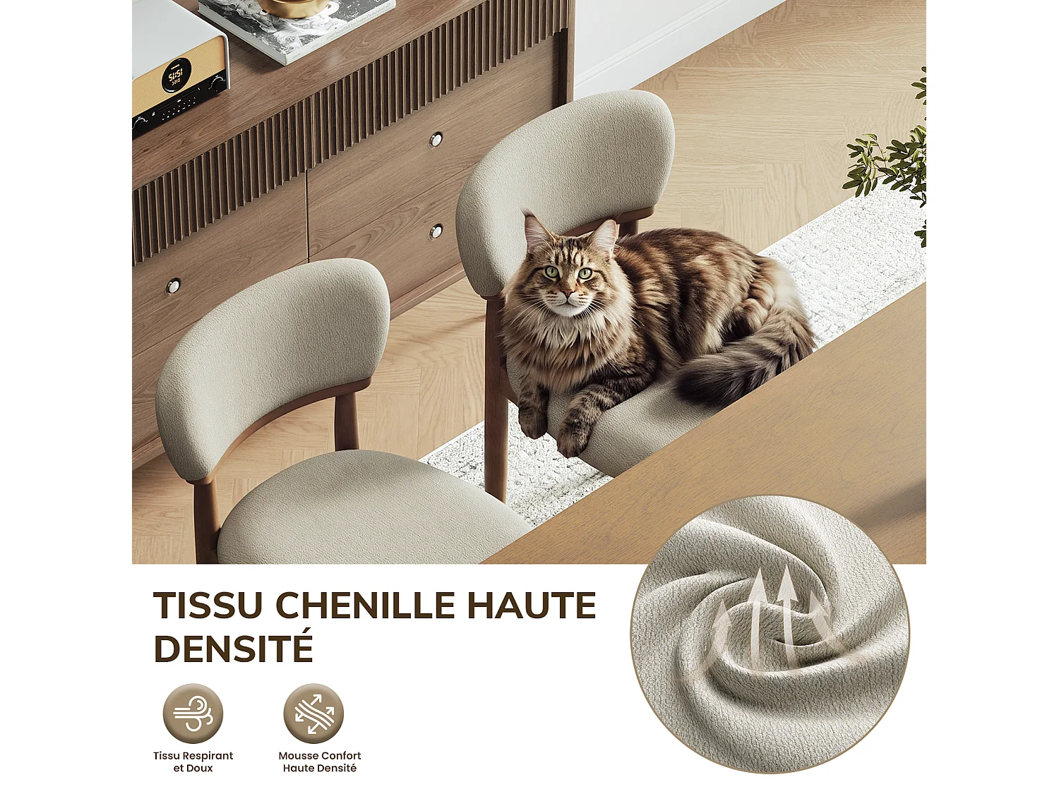 Lot de 4 Chaises de Salle à Manger Rembourrées, Tissu Texturé Respirant, Structure en Bois Massif, beige