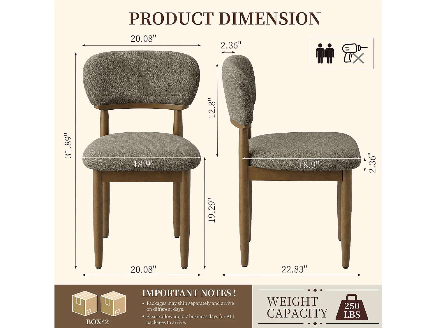 Set van 4 Gestoffeerde Eetkamerstoelen, Ademend Getextureerd Textiel, Massief Houten Frame, Camel