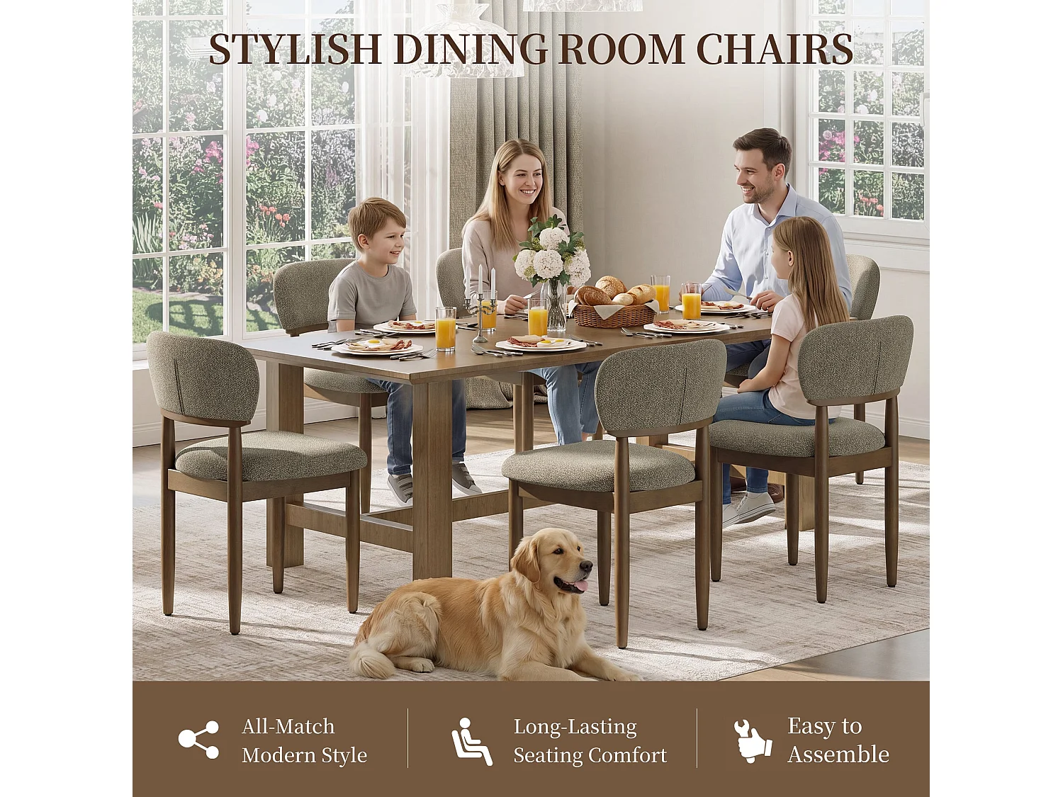 Set van 4 Gestoffeerde Eetkamerstoelen, Ademend Getextureerd Textiel, Massief Houten Frame, Camel