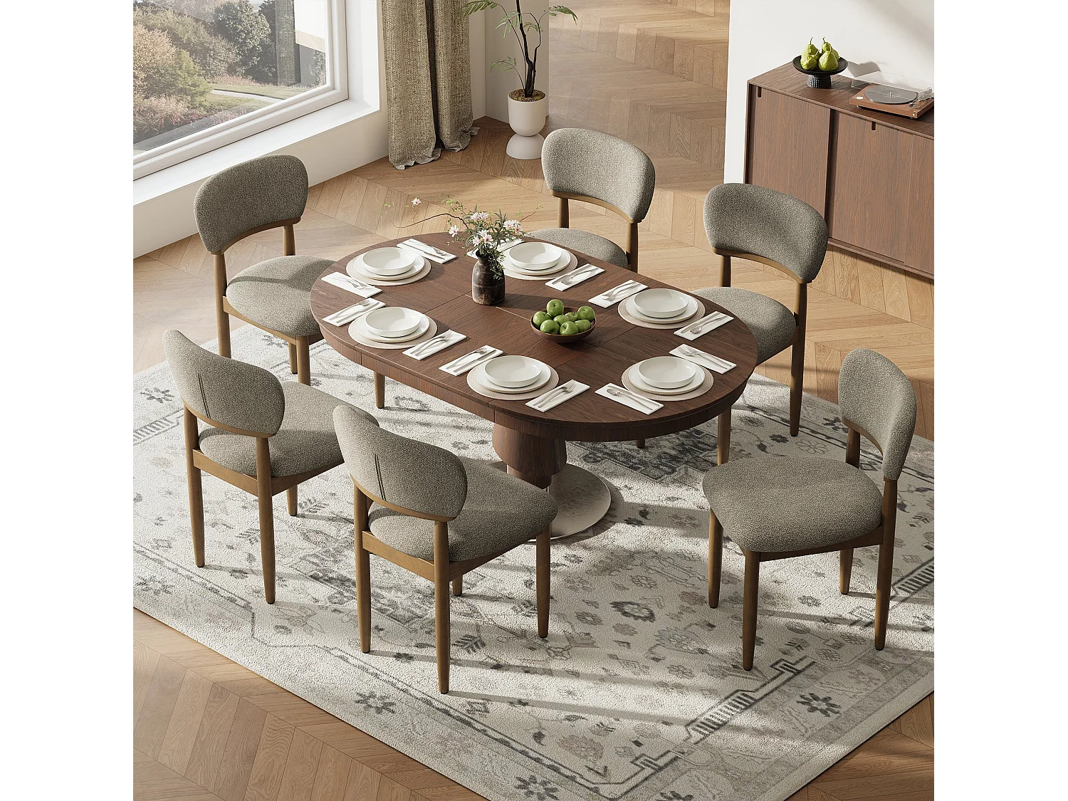 Set van 4 Gestoffeerde Eetkamerstoelen, Ademend Getextureerd Textiel, Massief Houten Frame, Camel