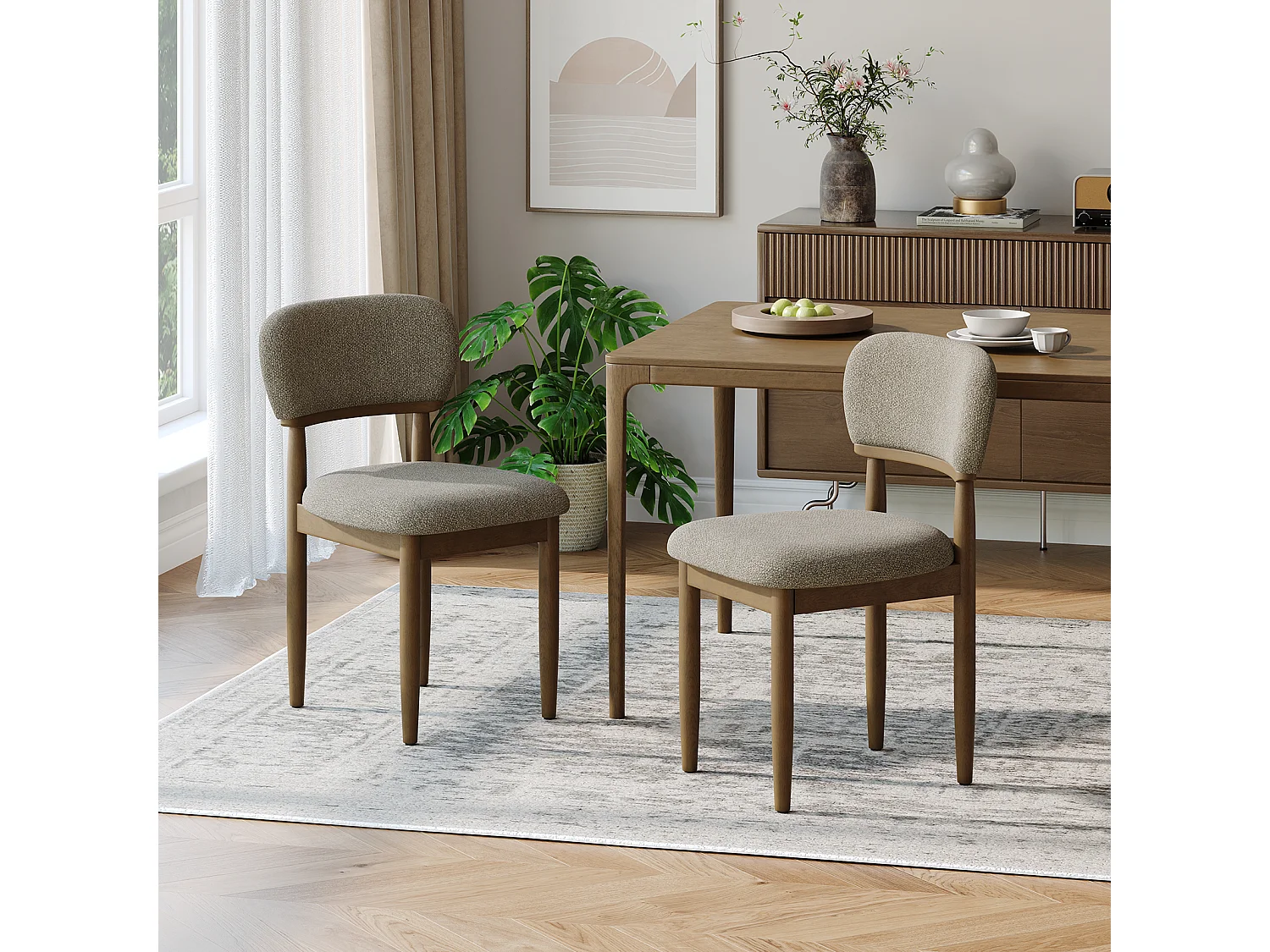 Lot de 4 Chaises de Salle à Manger Rembourrées, Tissu Texturé Respirant, Structure en Bois Massif, marron