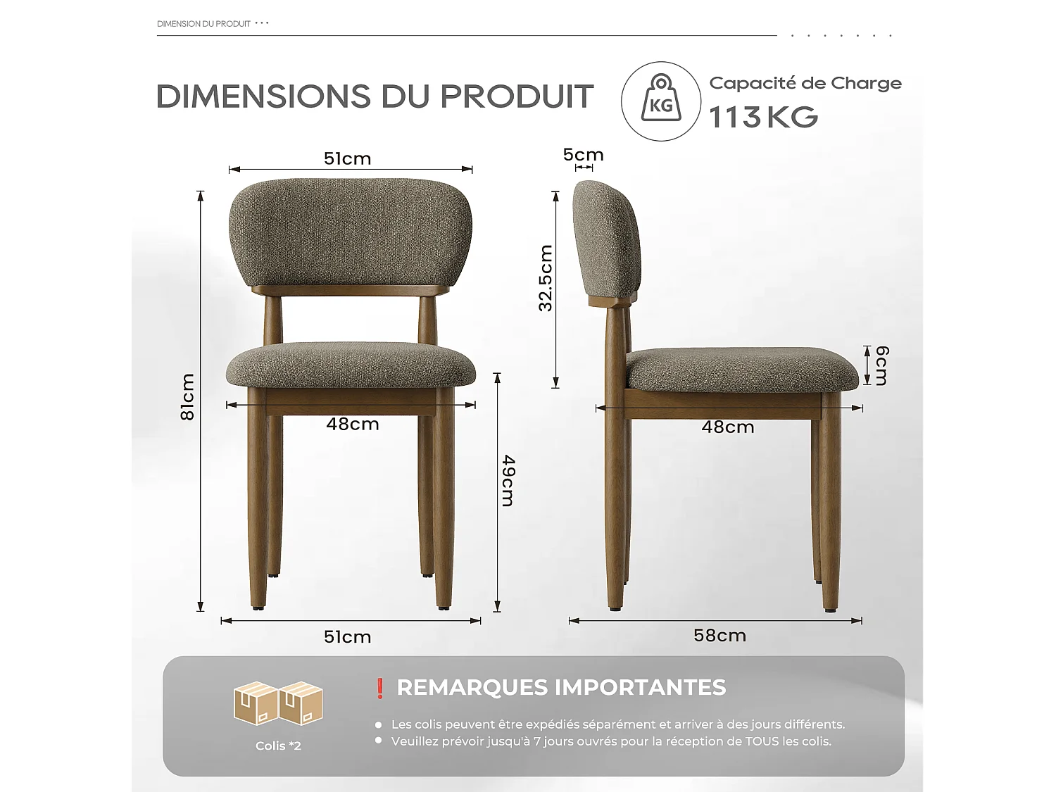 Lot de 4 Chaises de Salle à Manger Rembourrées, Tissu Texturé Respirant, Structure en Bois Massif, marron