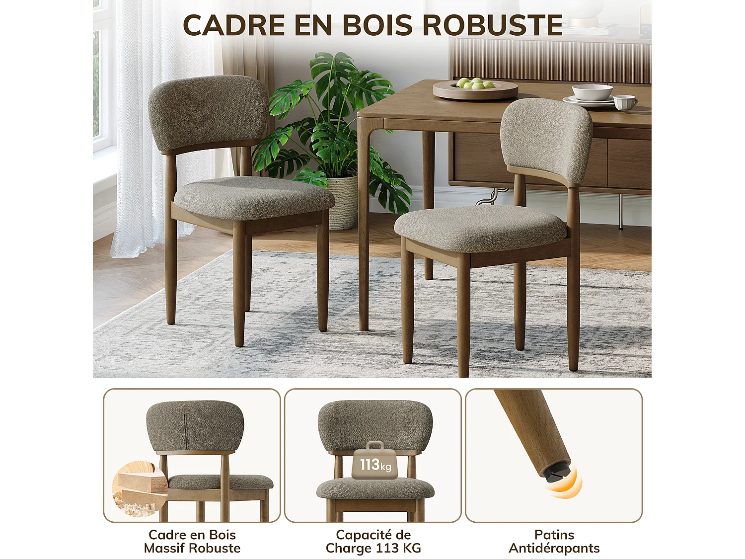 Lot de 4 Chaises de Salle à Manger Rembourrées, Tissu Texturé Respirant, Structure en Bois Massif, marron