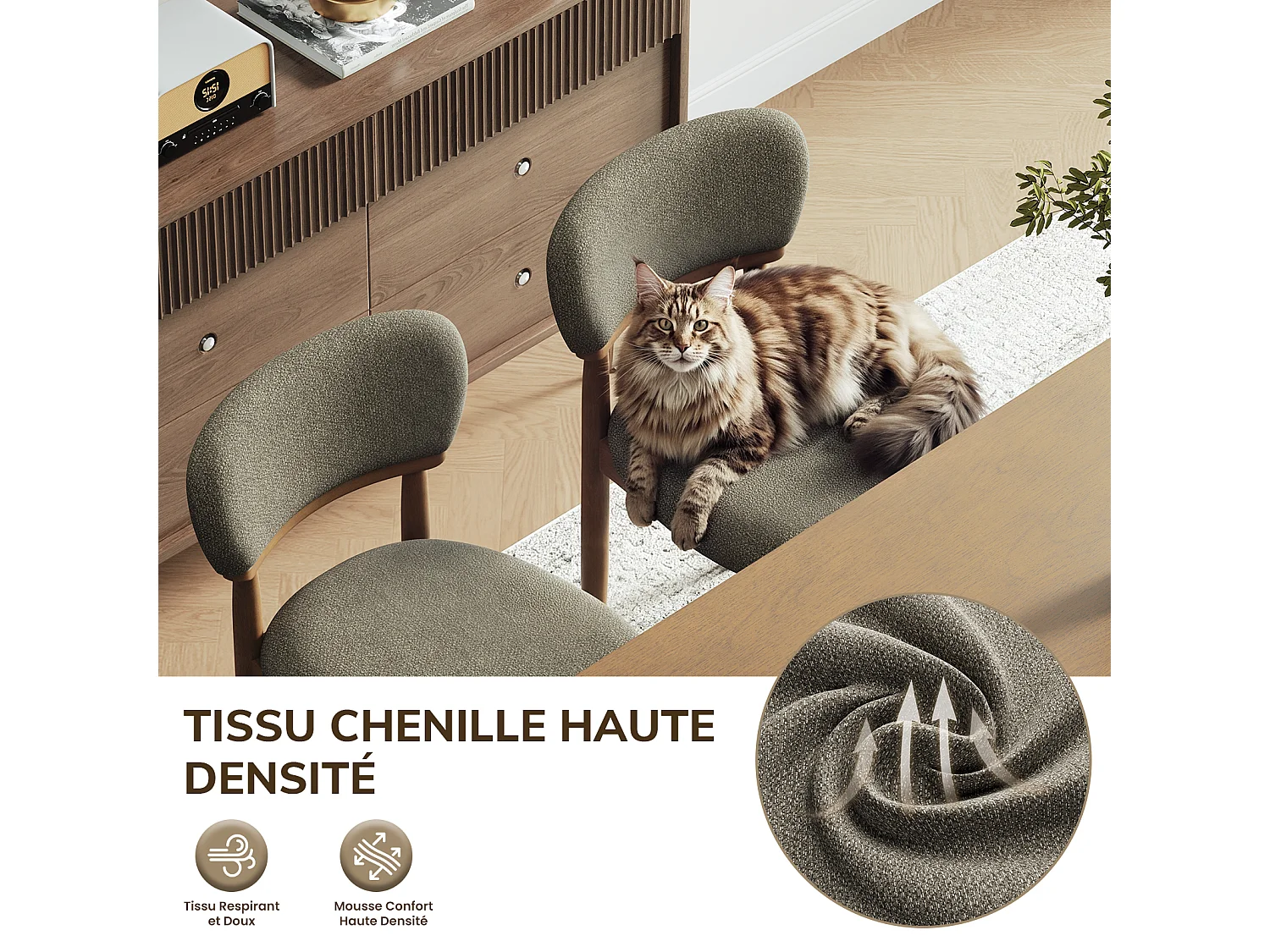 Lot de 4 Chaises de Salle à Manger Rembourrées, Tissu Texturé Respirant, Structure en Bois Massif, marron