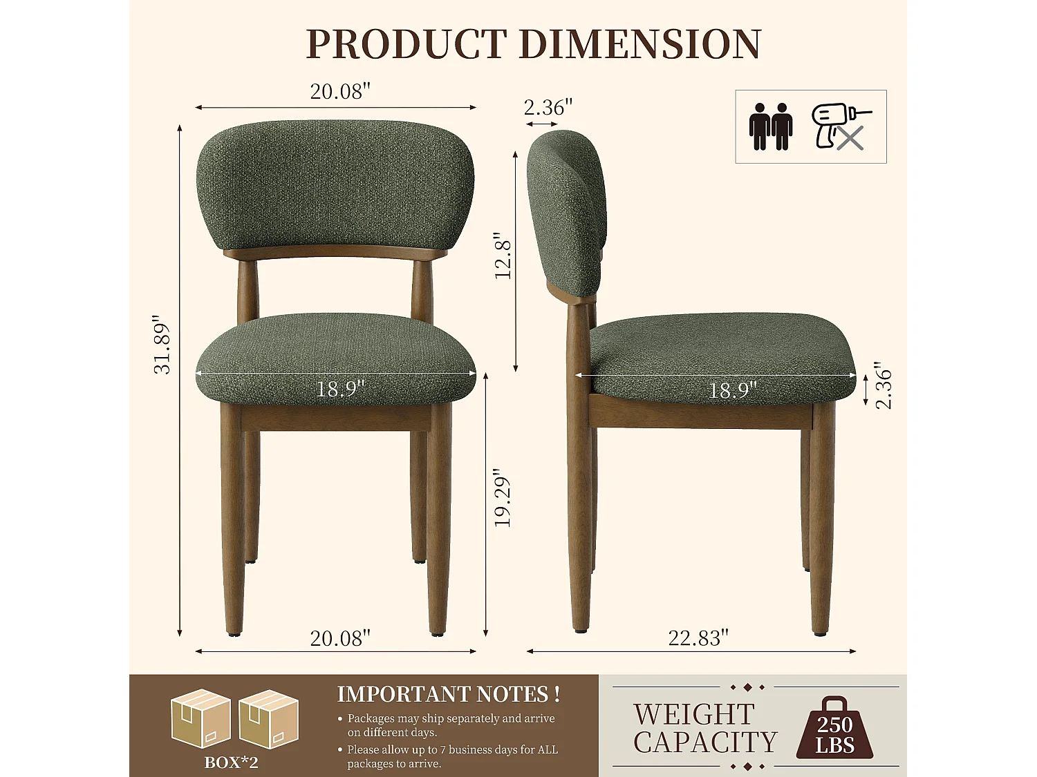 Lot de 4 Chaises de Salle à Manger Rembourrées, Tissu Texturé Respirant, Structure en Bois Massif, vert