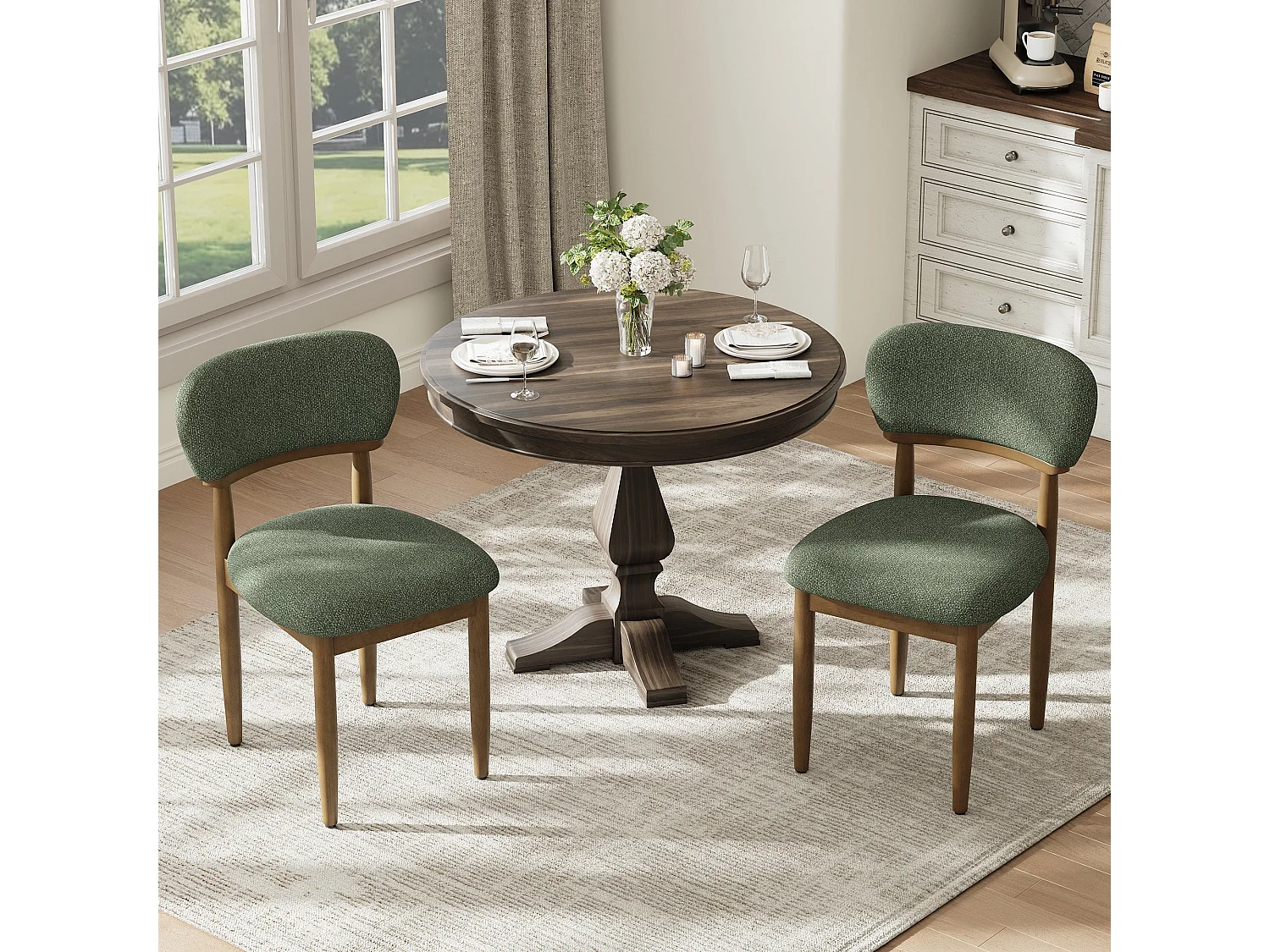 Lot de 4 Chaises de Salle à Manger Rembourrées, Tissu Texturé Respirant, Structure en Bois Massif, vert