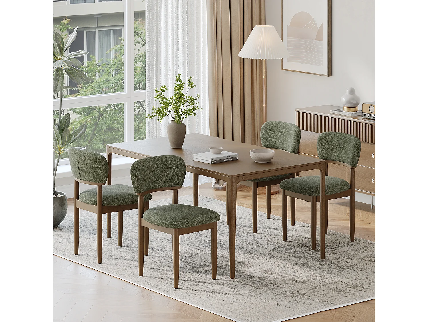 Lot de 4 Chaises de Salle à Manger Rembourrées, Tissu Texturé Respirant, Structure en Bois Massif, vert