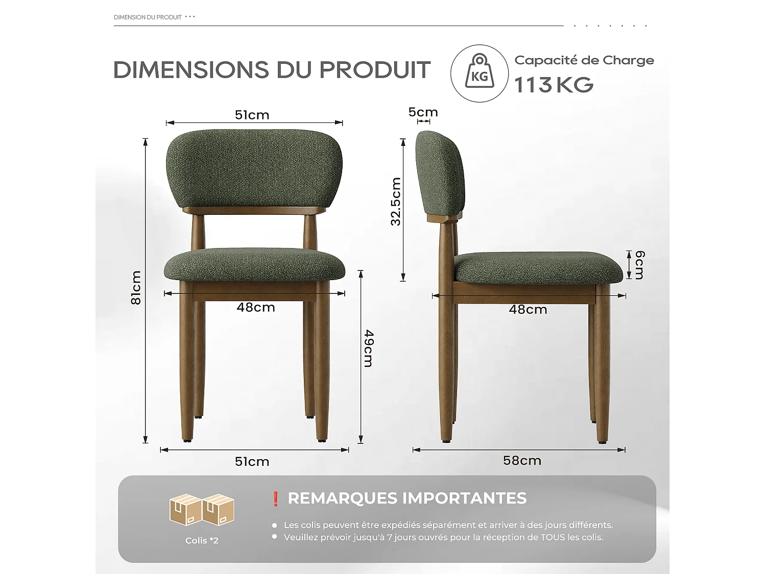 Lot de 4 Chaises de Salle à Manger Rembourrées, Tissu Texturé Respirant, Structure en Bois Massif, vert