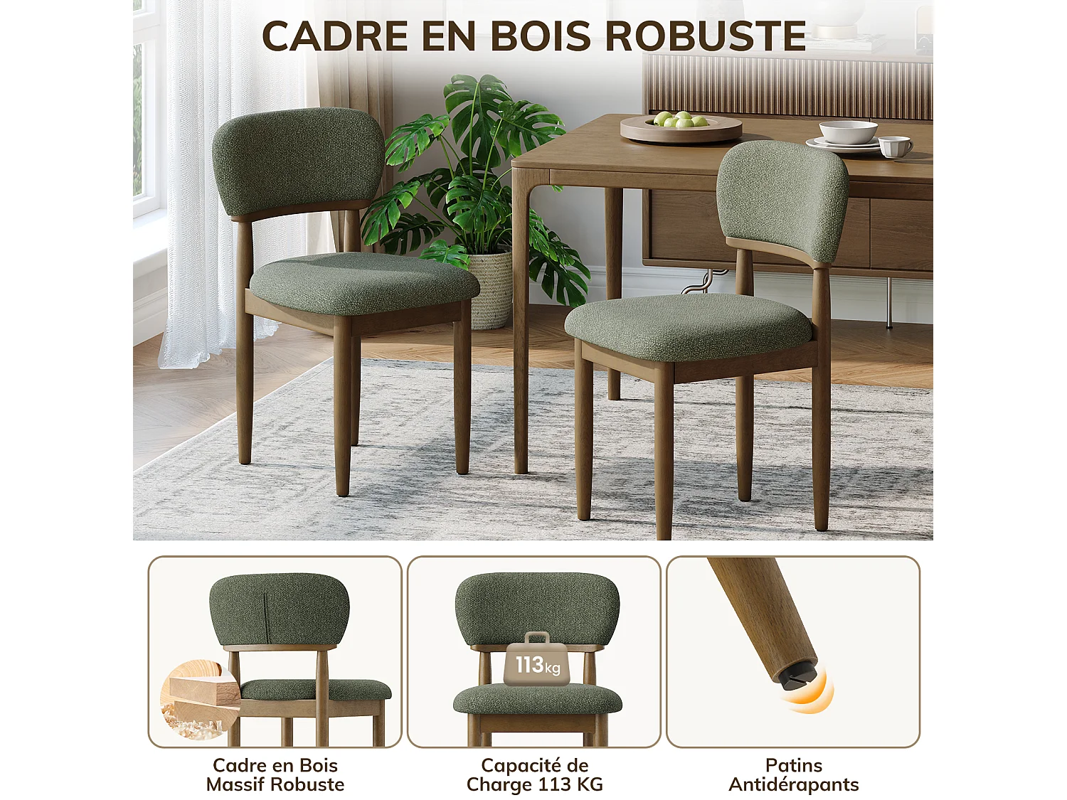 Lot de 4 Chaises de Salle à Manger Rembourrées, Tissu Texturé Respirant, Structure en Bois Massif, vert