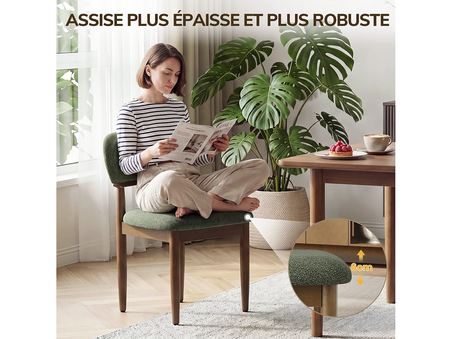 Lot de 4 Chaises de Salle à Manger Rembourrées, Tissu Texturé Respirant, Structure en Bois Massif, vert