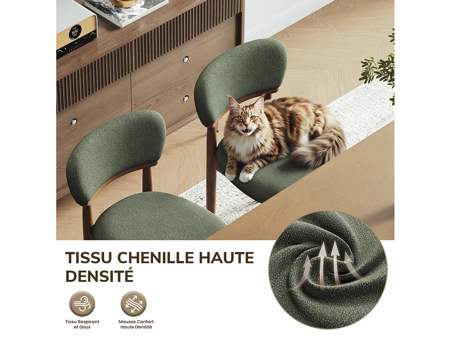 Lot de 4 Chaises de Salle à Manger Rembourrées, Tissu Texturé Respirant, Structure en Bois Massif, vert