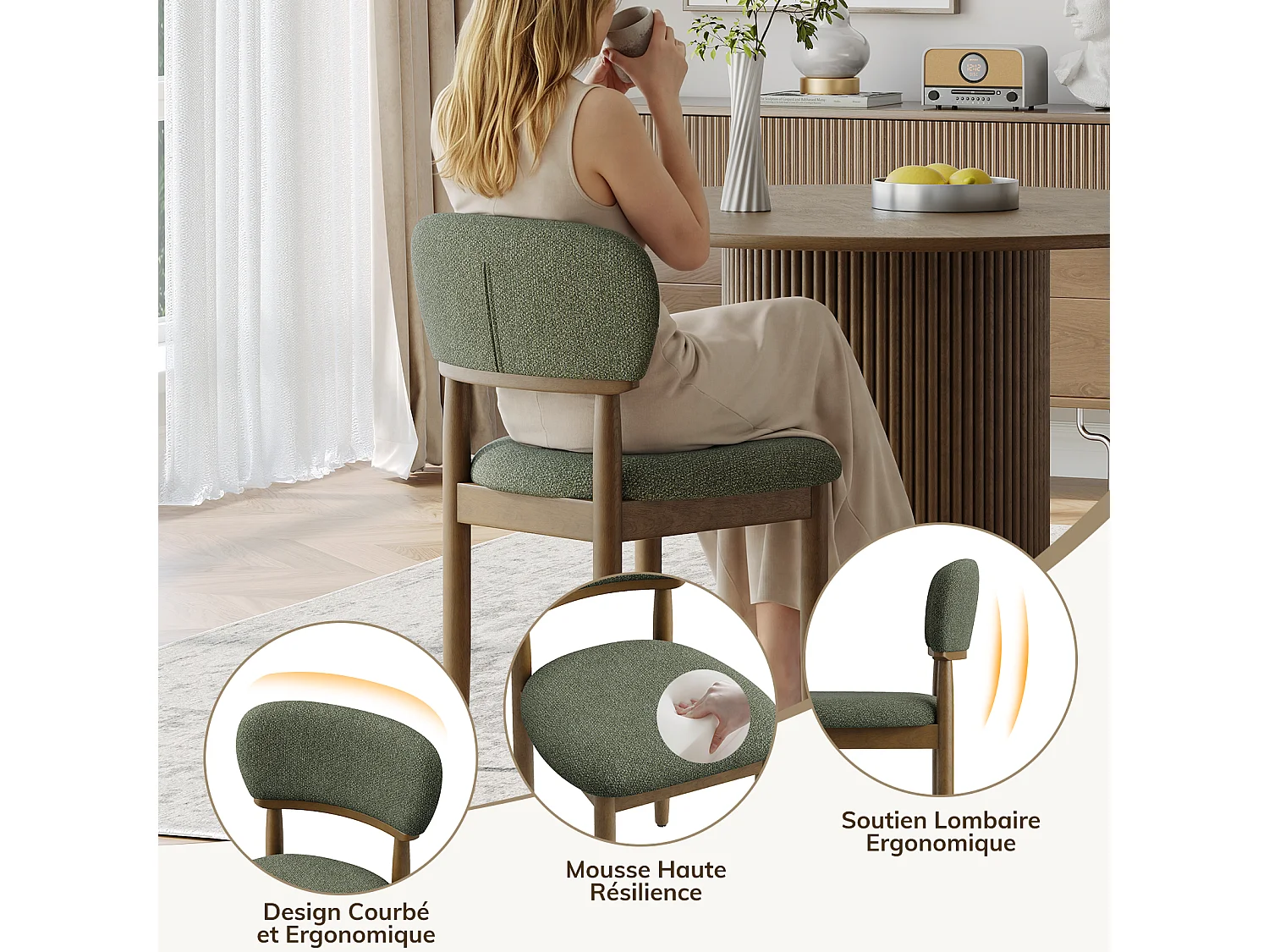 Lot de 4 Chaises de Salle à Manger Rembourrées, Tissu Texturé Respirant, Structure en Bois Massif, vert