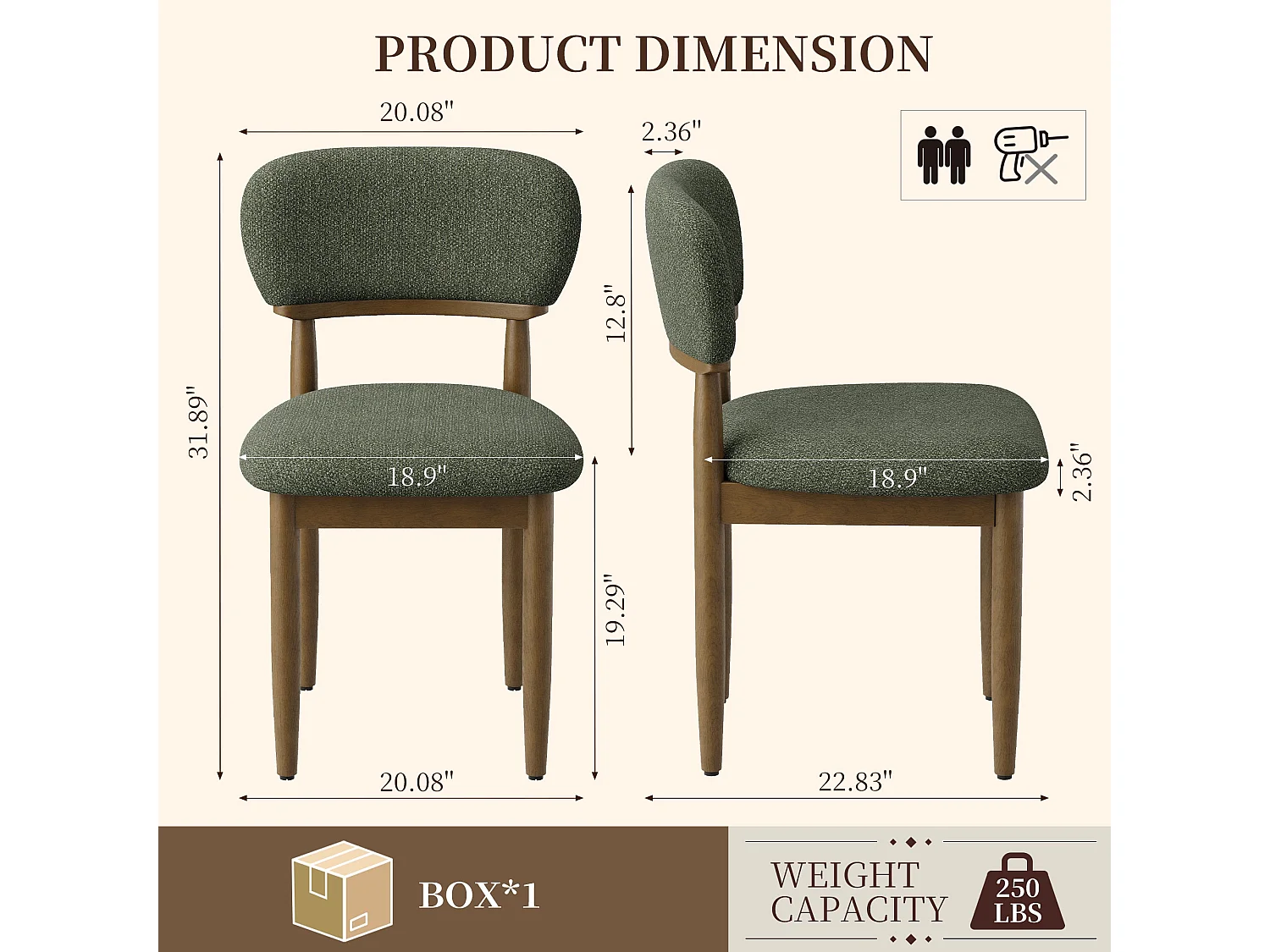 Set van 2 Gestoffeerde Eetkamerstoelen, Ademend Getextureerd Textiel, Massief Houten Frame, Groen