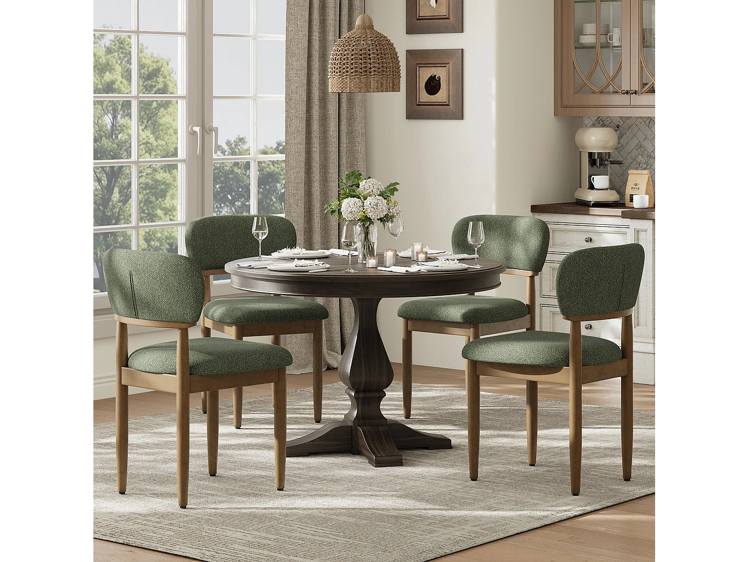 Set van 2 Gestoffeerde Eetkamerstoelen, Ademend Getextureerd Textiel, Massief Houten Frame, Groen