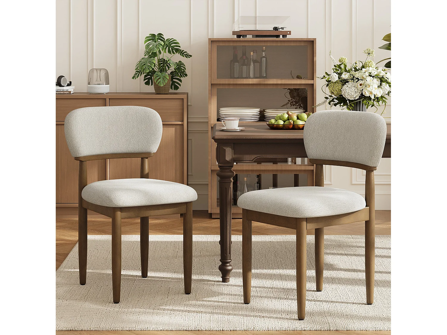 Set van 2 Gestoffeerde Eetkamerstoelen, Ademend Getextureerd Textiel, Massief Houten Frame, Beige
