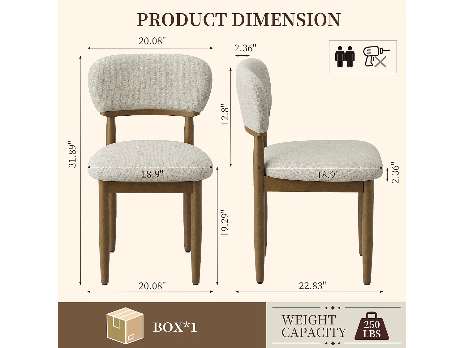 Set van 2 Gestoffeerde Eetkamerstoelen, Ademend Getextureerd Textiel, Massief Houten Frame, Beige