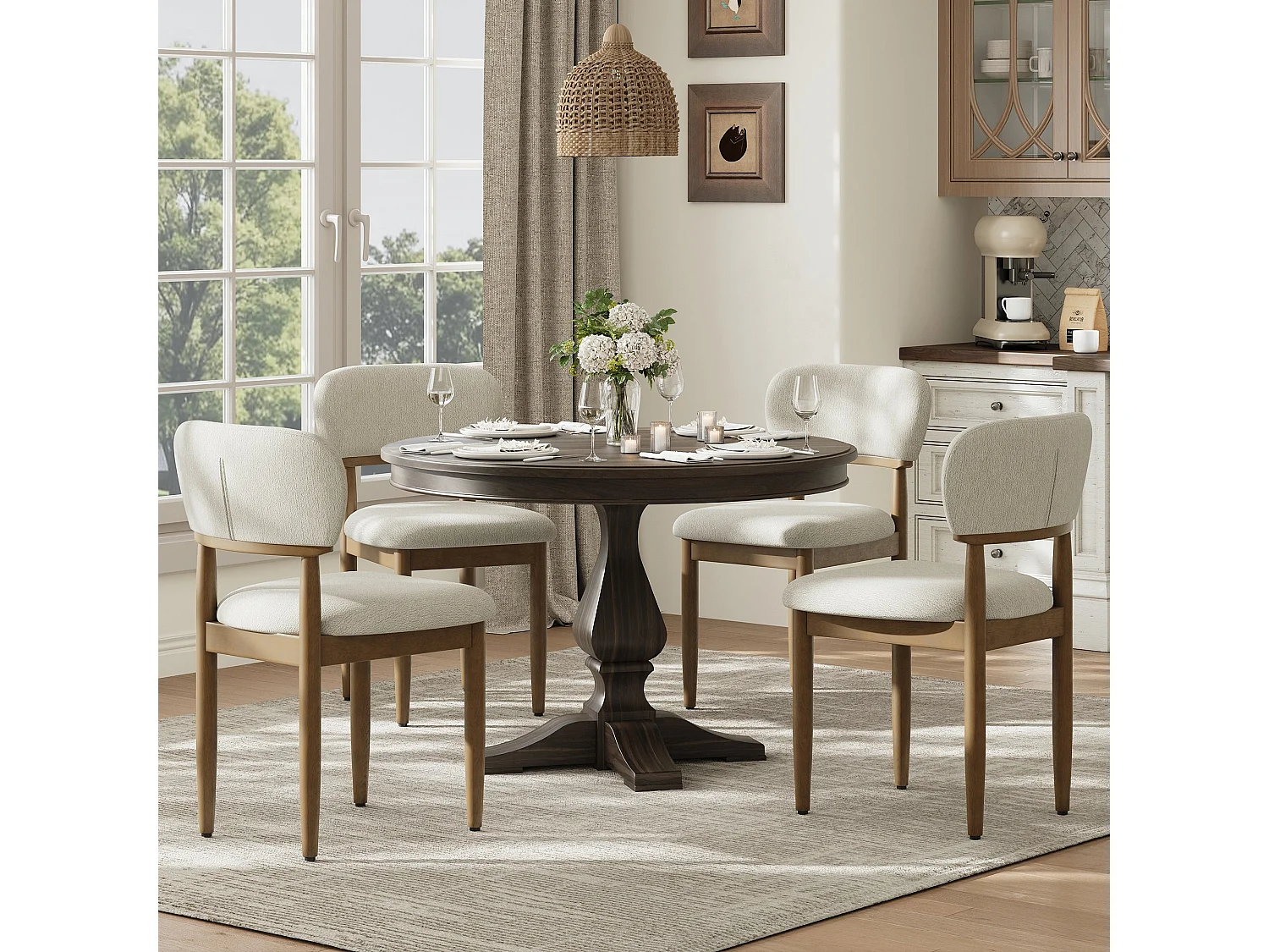 Set van 2 Gestoffeerde Eetkamerstoelen, Ademend Getextureerd Textiel, Massief Houten Frame, Beige