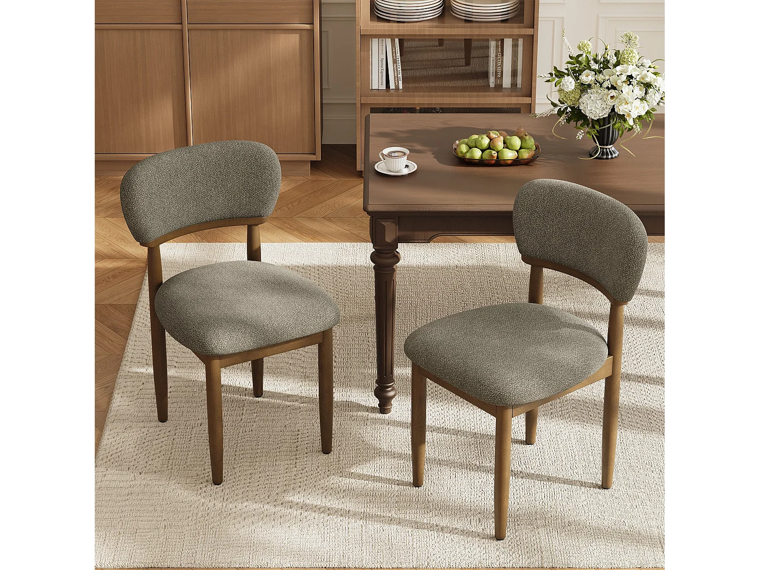 Set van 2 Gestoffeerde Eetkamerstoelen, Ademend Getextureerd Textiel, Massief Houten Frame, Camel