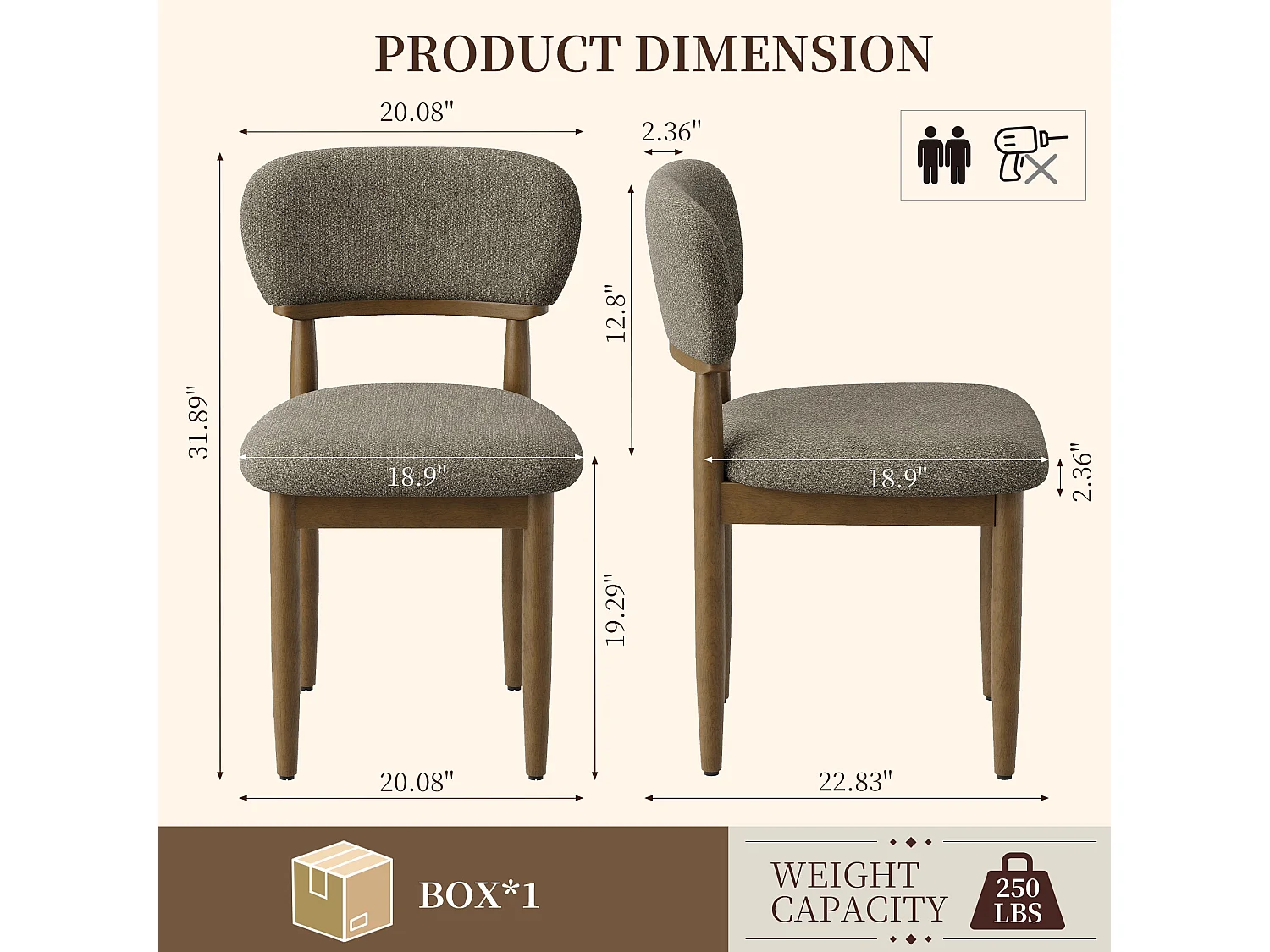 Set van 2 Gestoffeerde Eetkamerstoelen, Ademend Getextureerd Textiel, Massief Houten Frame, Camel