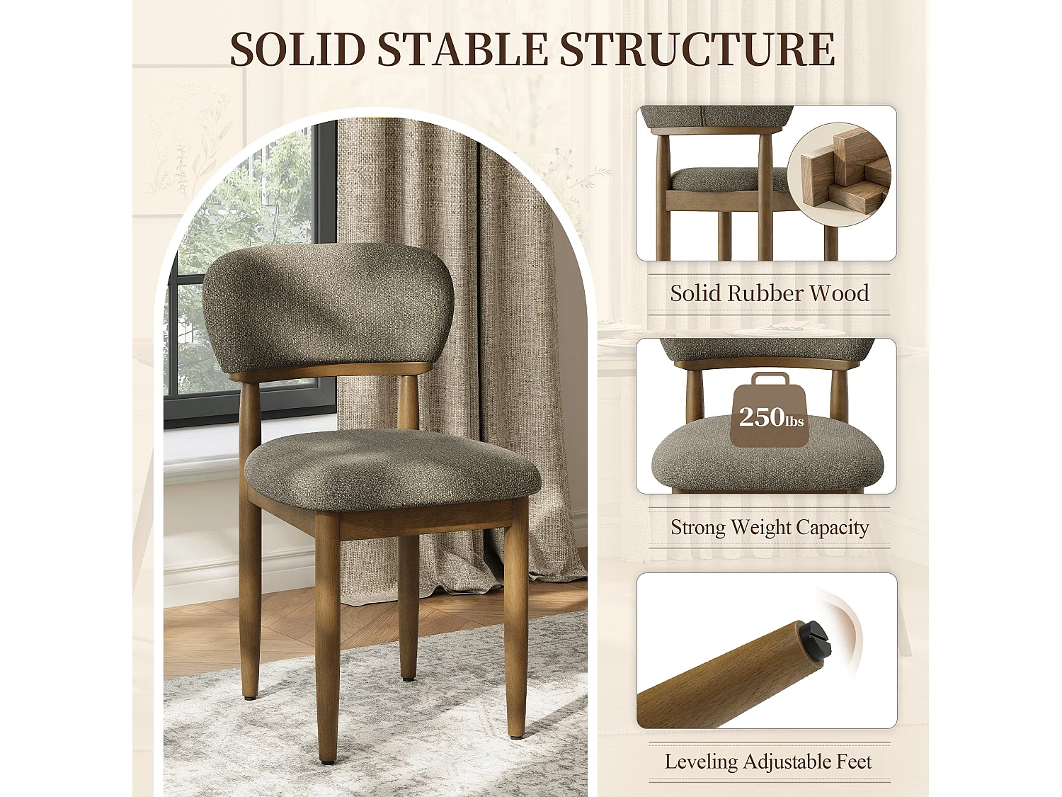 Set van 2 Gestoffeerde Eetkamerstoelen, Ademend Getextureerd Textiel, Massief Houten Frame, Camel