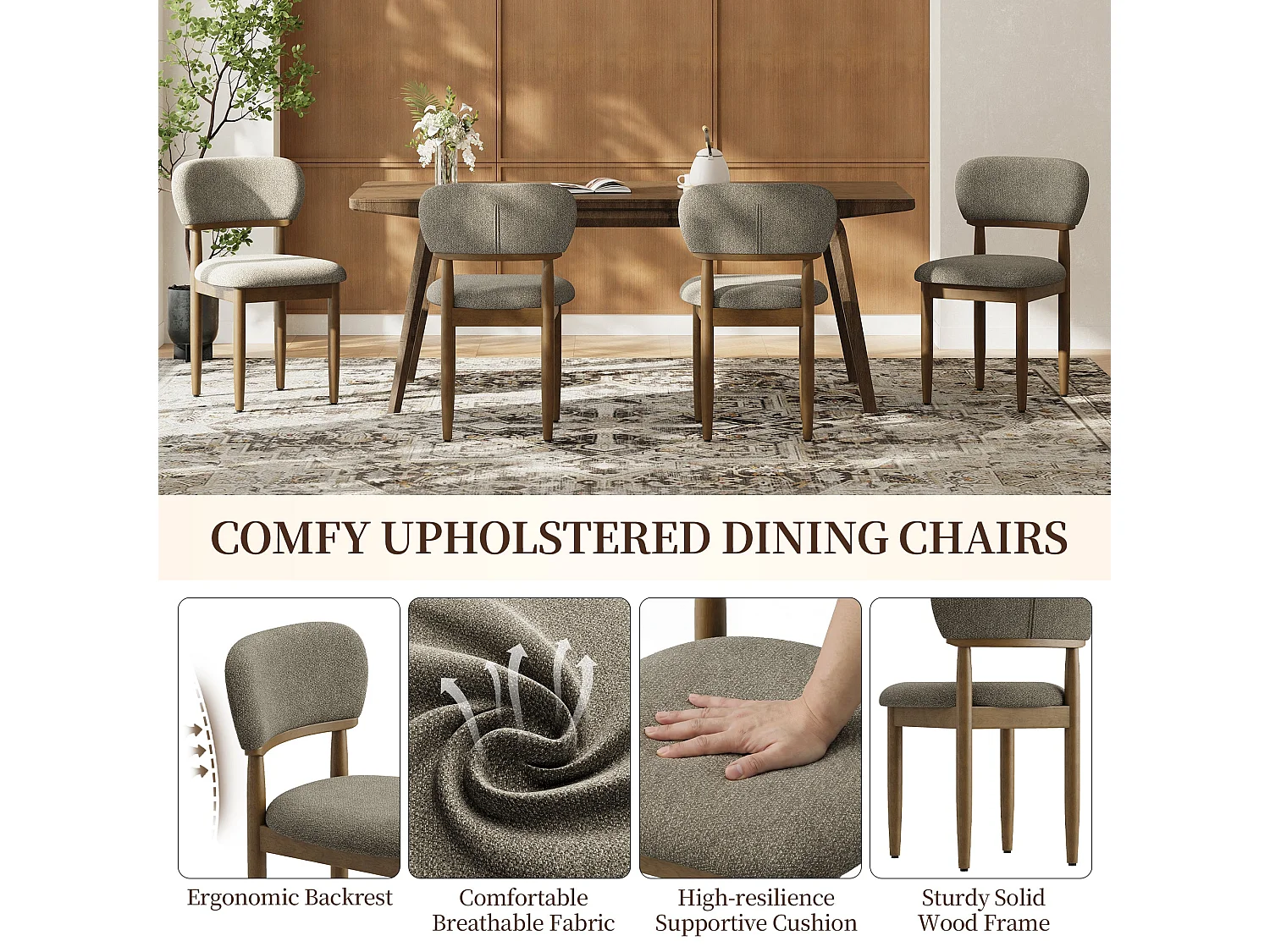 Set van 2 Gestoffeerde Eetkamerstoelen, Ademend Getextureerd Textiel, Massief Houten Frame, Camel